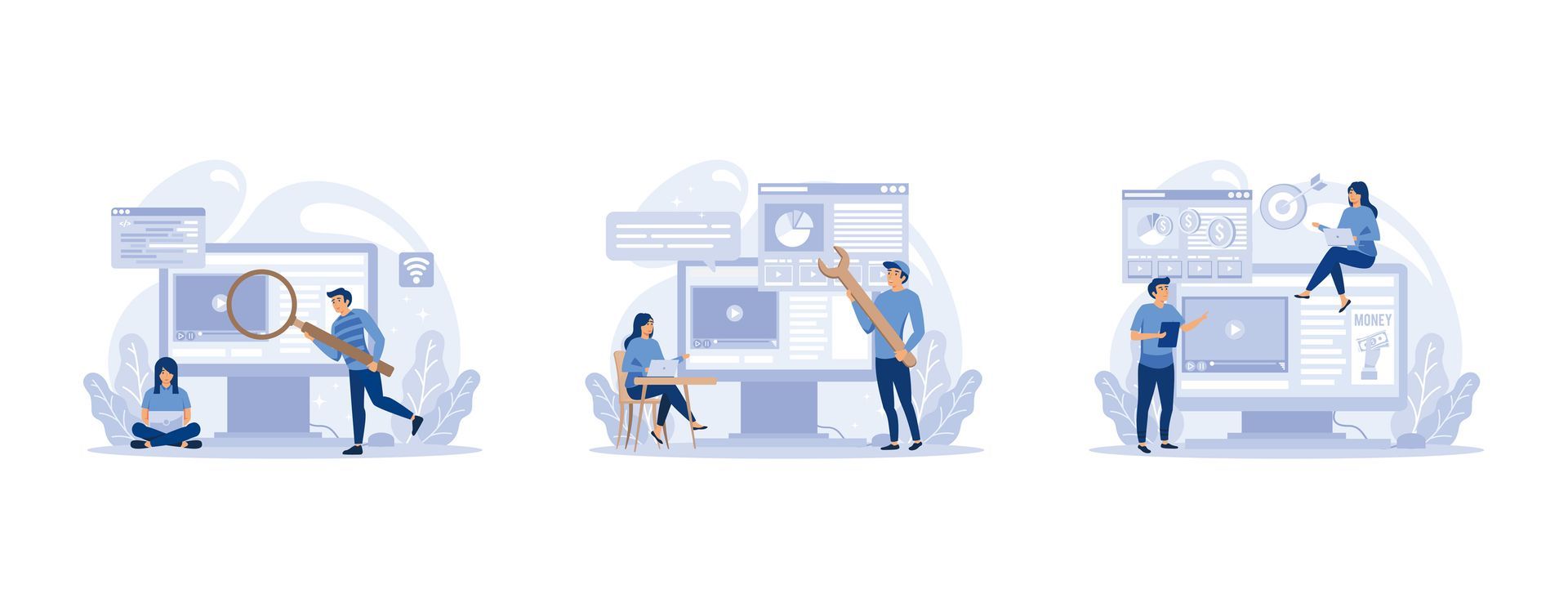 Un ensemble d'illustrations de personnes travaillant sur un ordinateur.