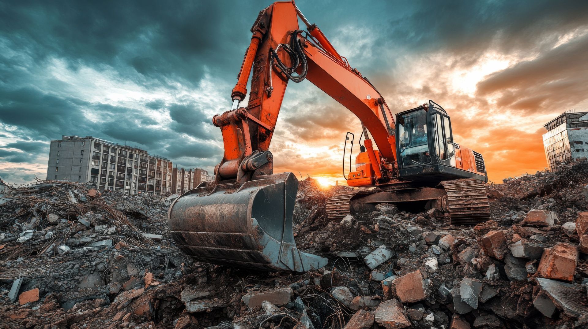 Orange excavator atop concrete rubble pile at sunset performing demolition services near buildings.