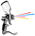 Black spray gun with white paint cup spraying red, blue, pink, and yellow lines on a white background