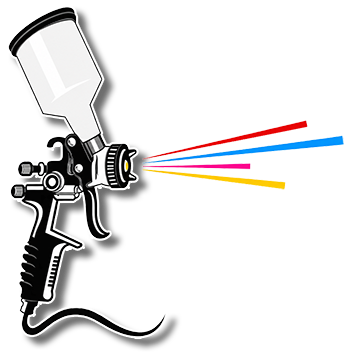 Spray gun with a white paint cup spraying red, blue, pink, and yellow paint lines