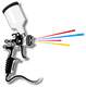 Spray gun with a white paint cup spraying red, blue, pink, and yellow paint lines