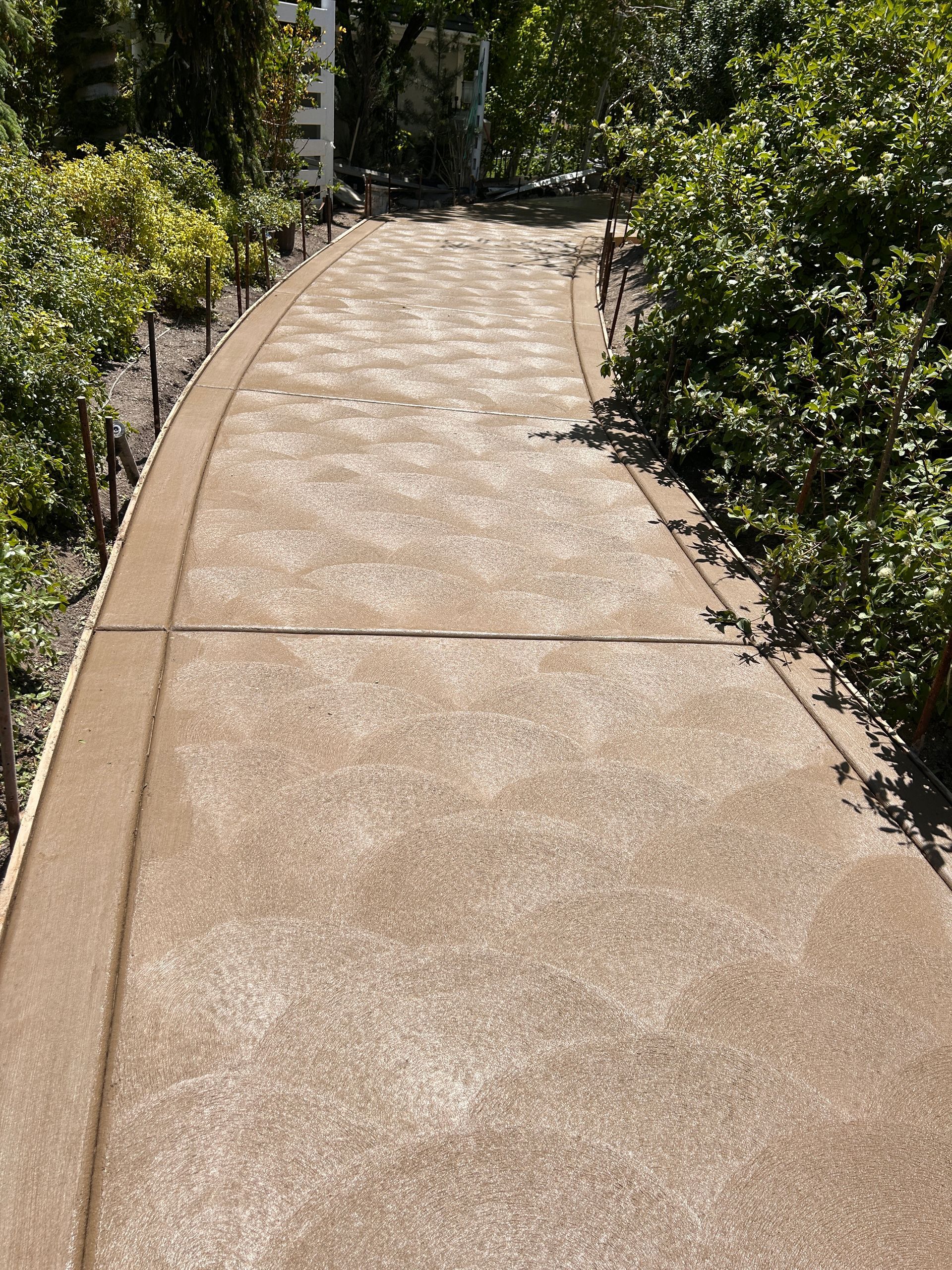A slightly curved concrete sidewalk with a textured finish, bordered by greenery in a garden setting.
