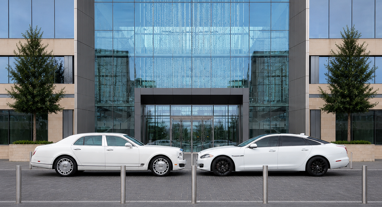 Two white sedans parked in front of a modern glass office building