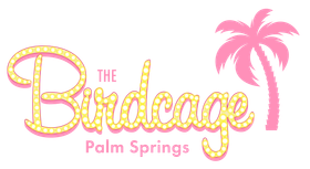 The Birdcage Palm Springs logo in pink and yellow with a pink palm tree icon