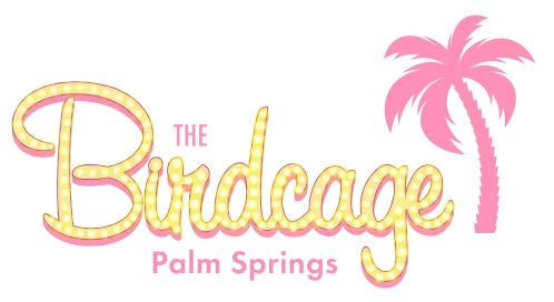 The Birdcage Palm Springs logo in pink and yellow with a pink palm tree icon