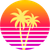 Retro sunset logo with yellow palm trees over a pink-orange striped circle