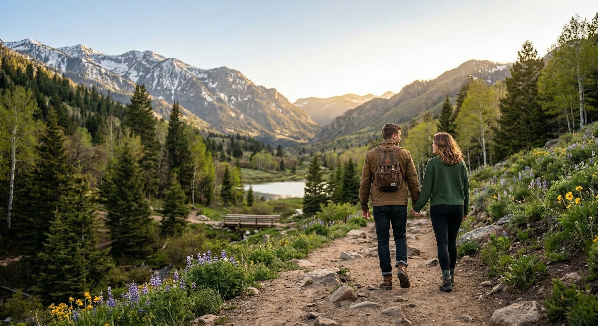 Two hikers walking on a mountain trail beside a river, with pine trees and snowy peaks at sunset