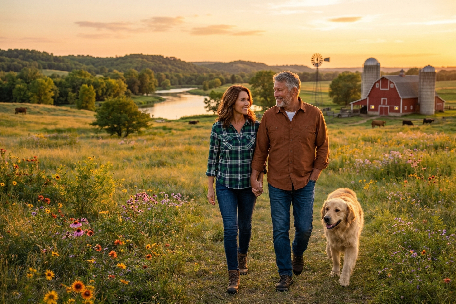 Couple walking with a dog through a grassy field at sunset near a farmhouse and river