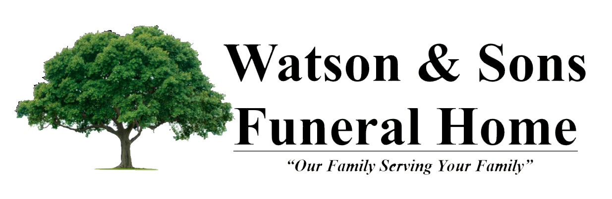 Watson & Sons Funeral Home logo with green tree and black text on white background