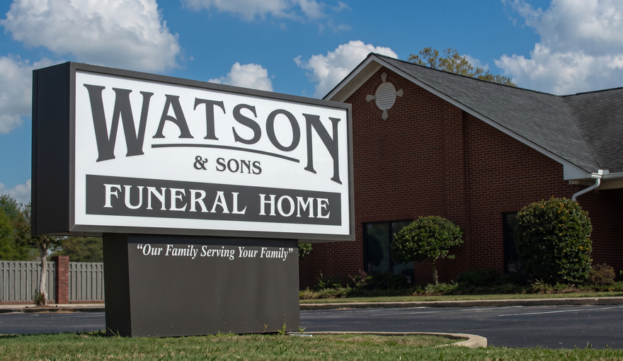 Watson & Sons Funeral Home sign in front of a brick building under a blue sky.