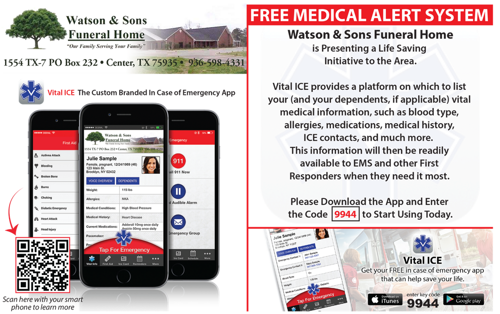 Watson & Sons funeral home ad for free medical alert system with smartphone app and emergency call button