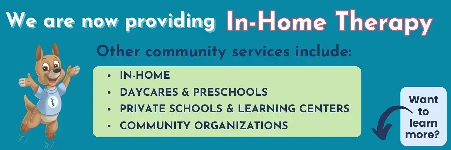 Flyer for in-home therapy services for schools and community organizations, with a cartoon dog and green/blue design.