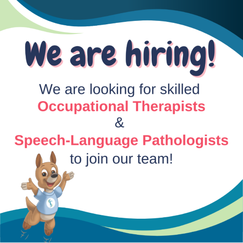 Hiring ad for occupational therapists and speech-language pathologists, with a smiling cartoon dog on blue-green background