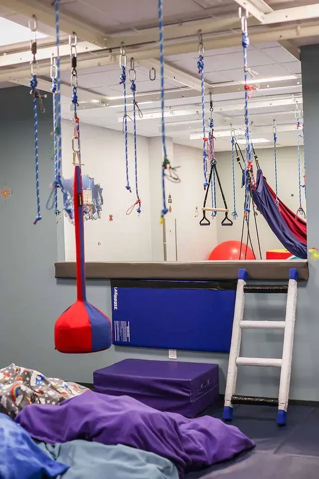 Sensory room with hanging ropes, therapy swings, mats, and a ladder beside a mirror wall.