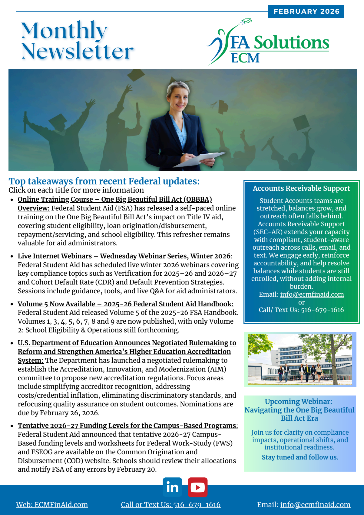 Monthly newsletter cover: Woman in suit holding papers, graduates in background.