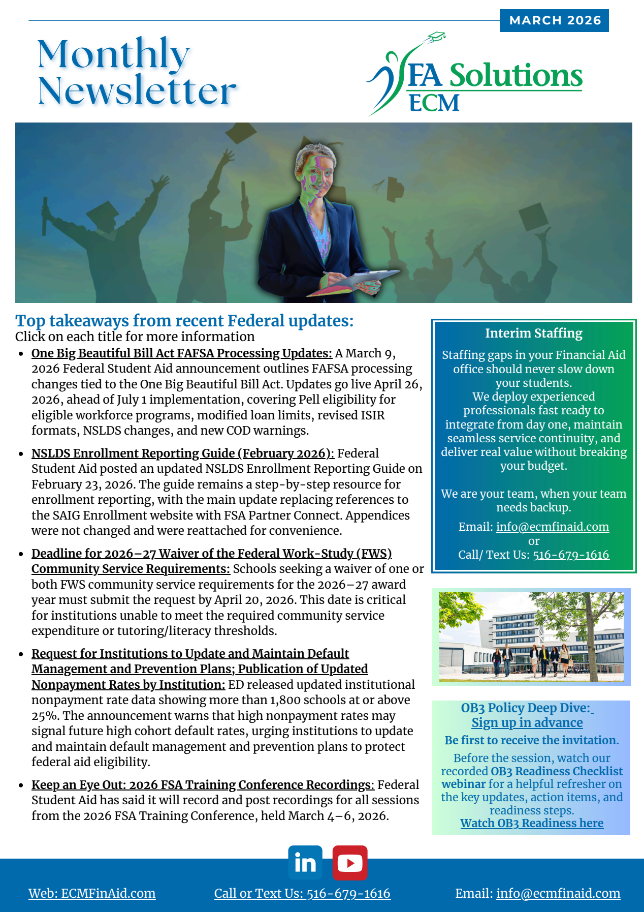 March 2024 FA Solutions TCM newsletter featuring updates on federal student aid and professional training events.