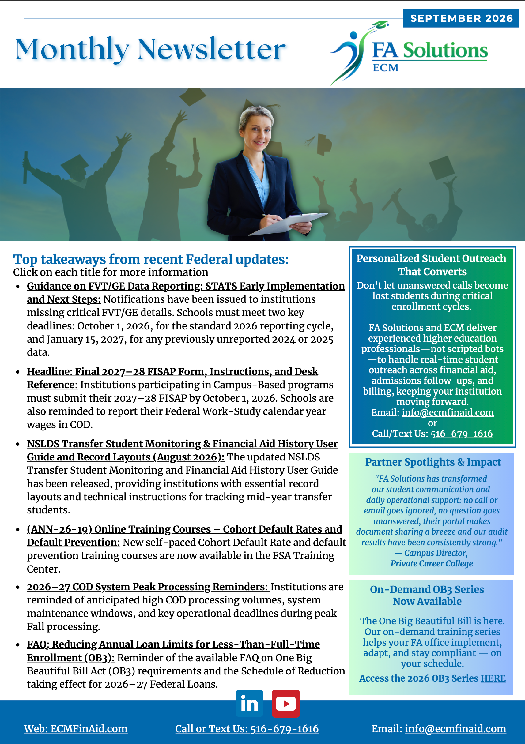 Monthly newsletter page with a businesswoman at a desk, text columns, and blue-green sidebar panels.