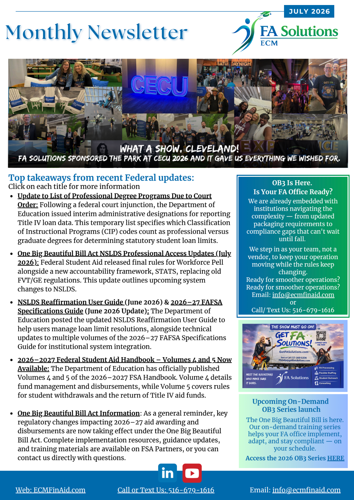 Monthly newsletter with a suited man in a digital cityscape, article text, sidebar notes, and EA Solutions logo