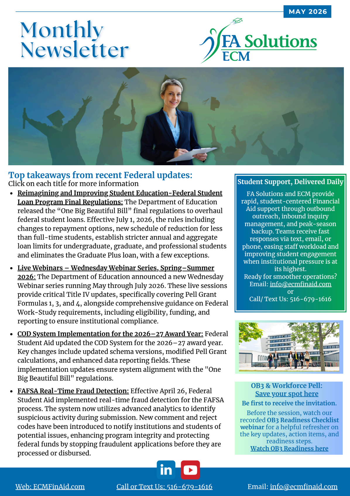 Monthly newsletter page with FA Solutions logo, a photo banner, and columns of text in blue-green layout