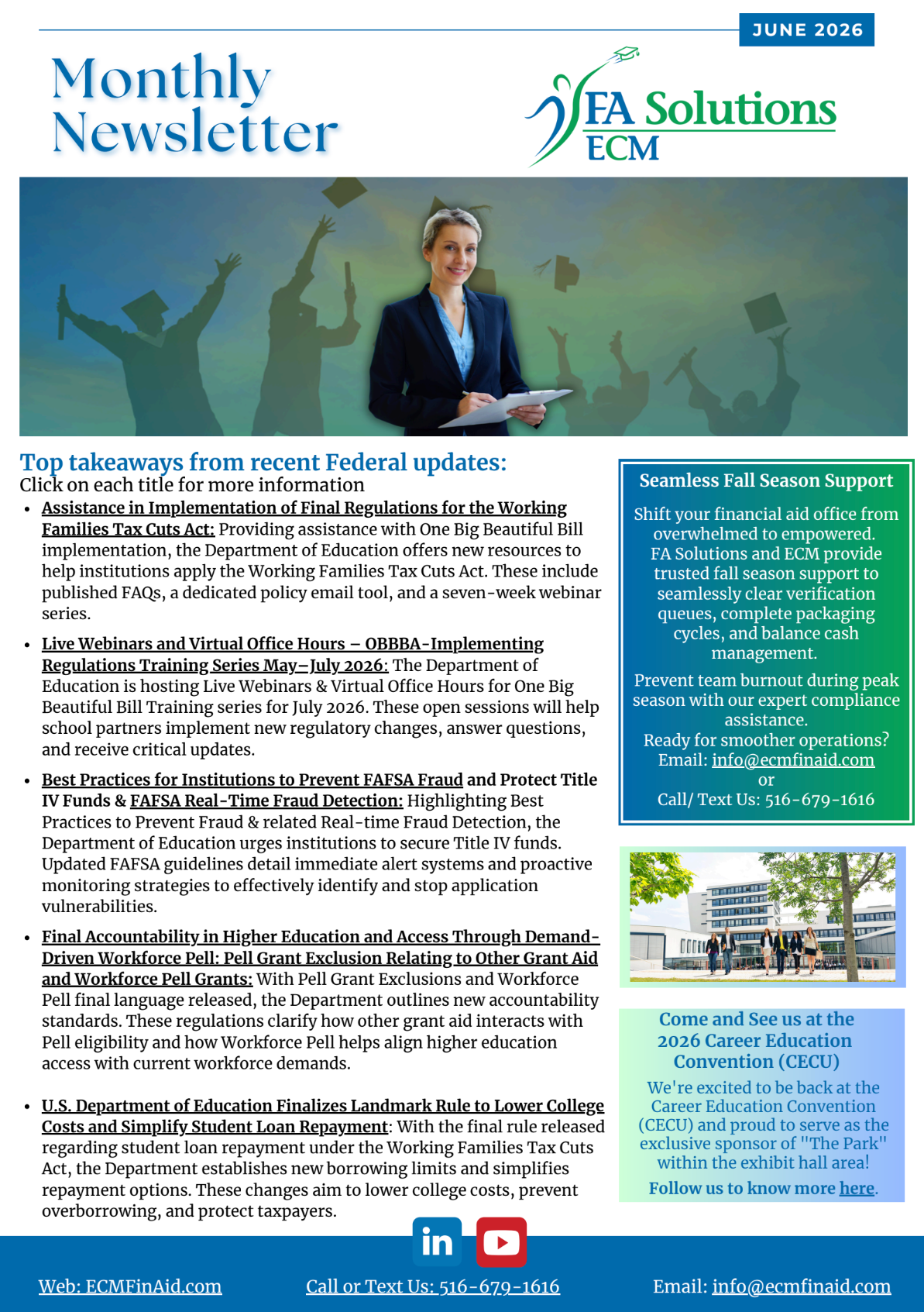 Monthly newsletter with a suited man in a digital cityscape, article text, sidebar notes, and EA Solutions logo