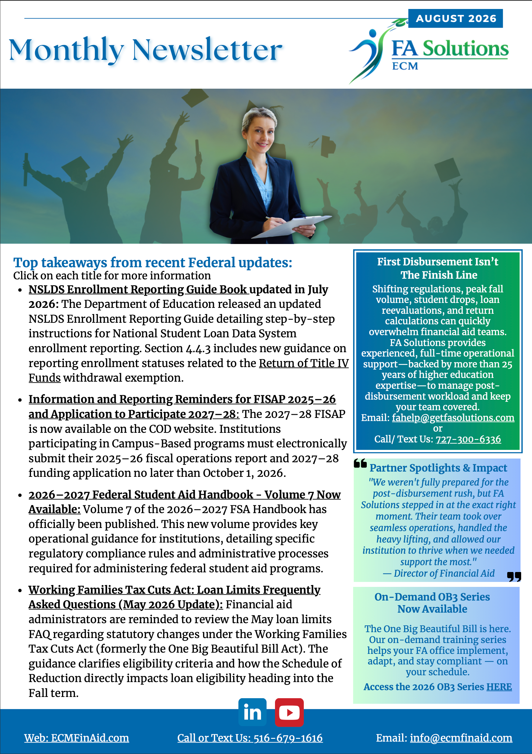 Monthly newsletter page with a businesswoman header photo, bulleted updates, and teal sidebar panels with contact info.