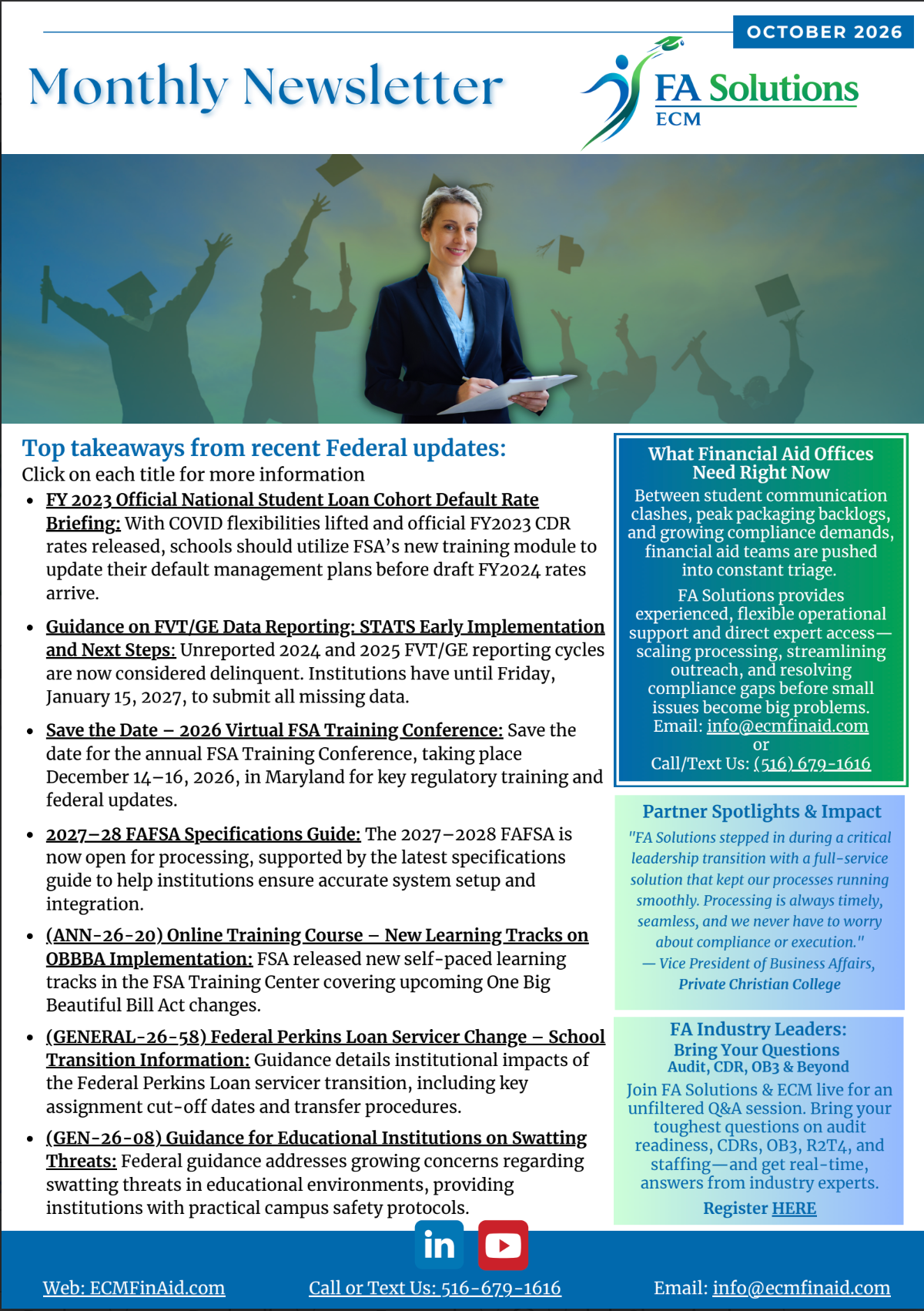 Monthly newsletter from EA Solutions with office worker hero image and teal sidebar sections