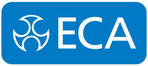 A rectangular blue logo featuring a white stylized three-part circular icon next to the white text