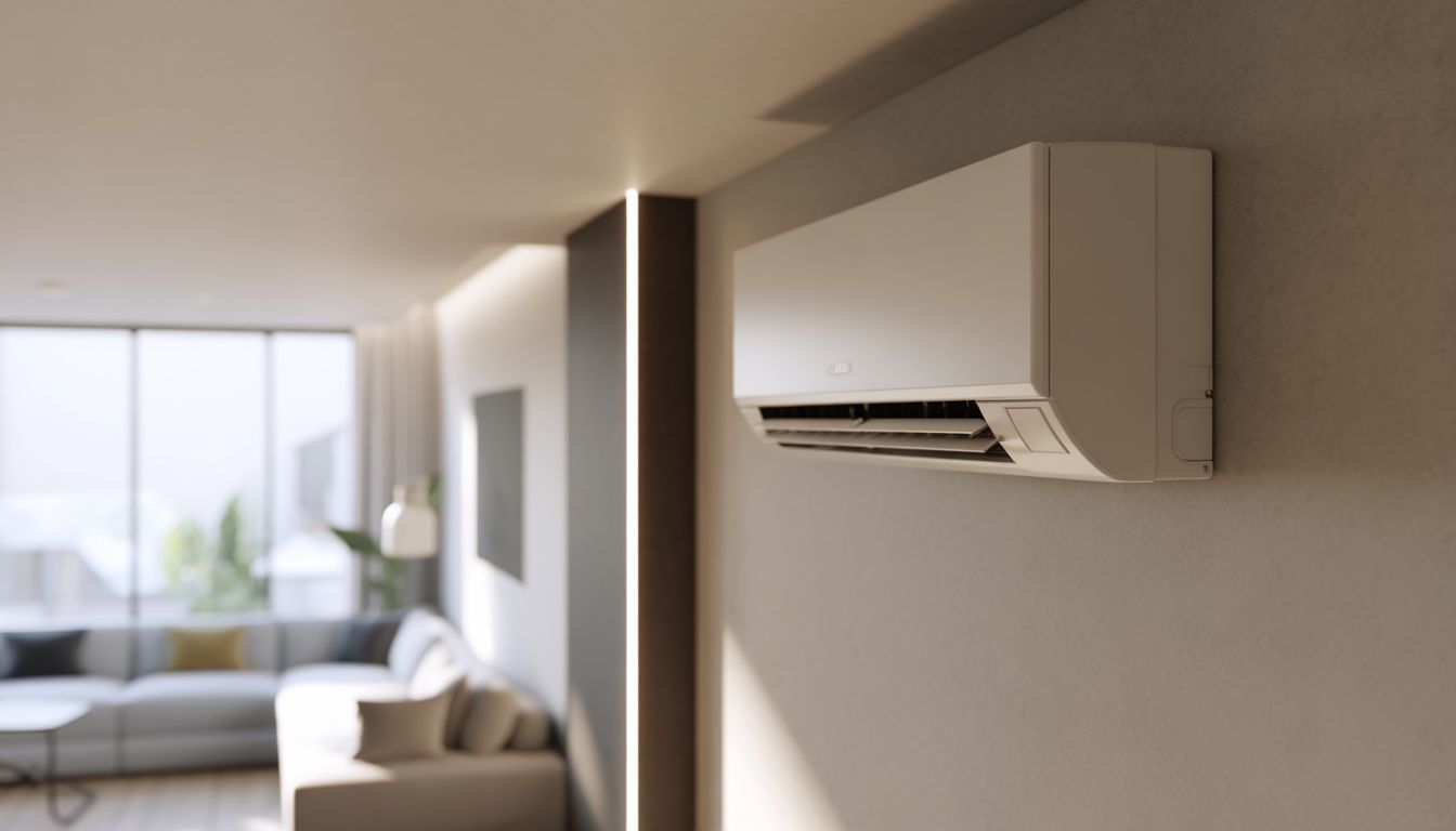 Wall-mounted air conditioning unit in a UK living room