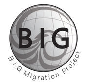 Logo of the B.I.G Migration Project: globe with stylized wing shapes, 