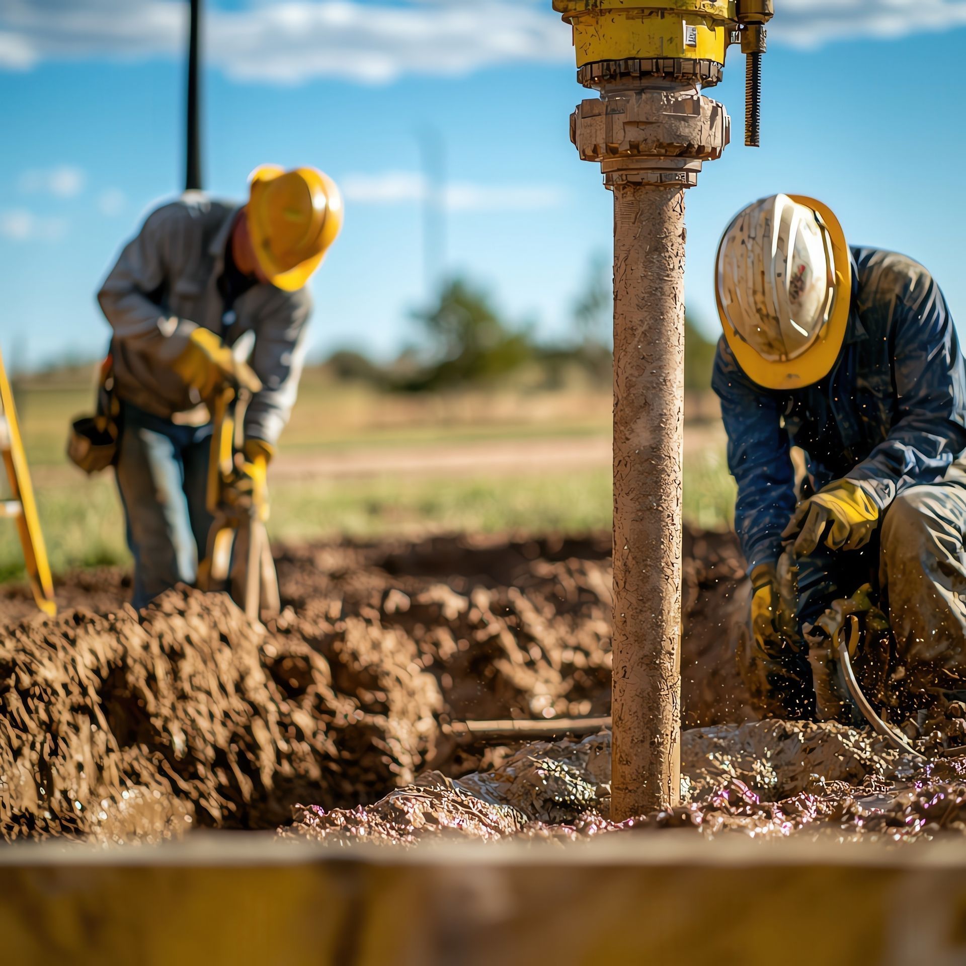 Two workers in hard hats run a drilling rig on muddy ground as a well repair contractor kneels.