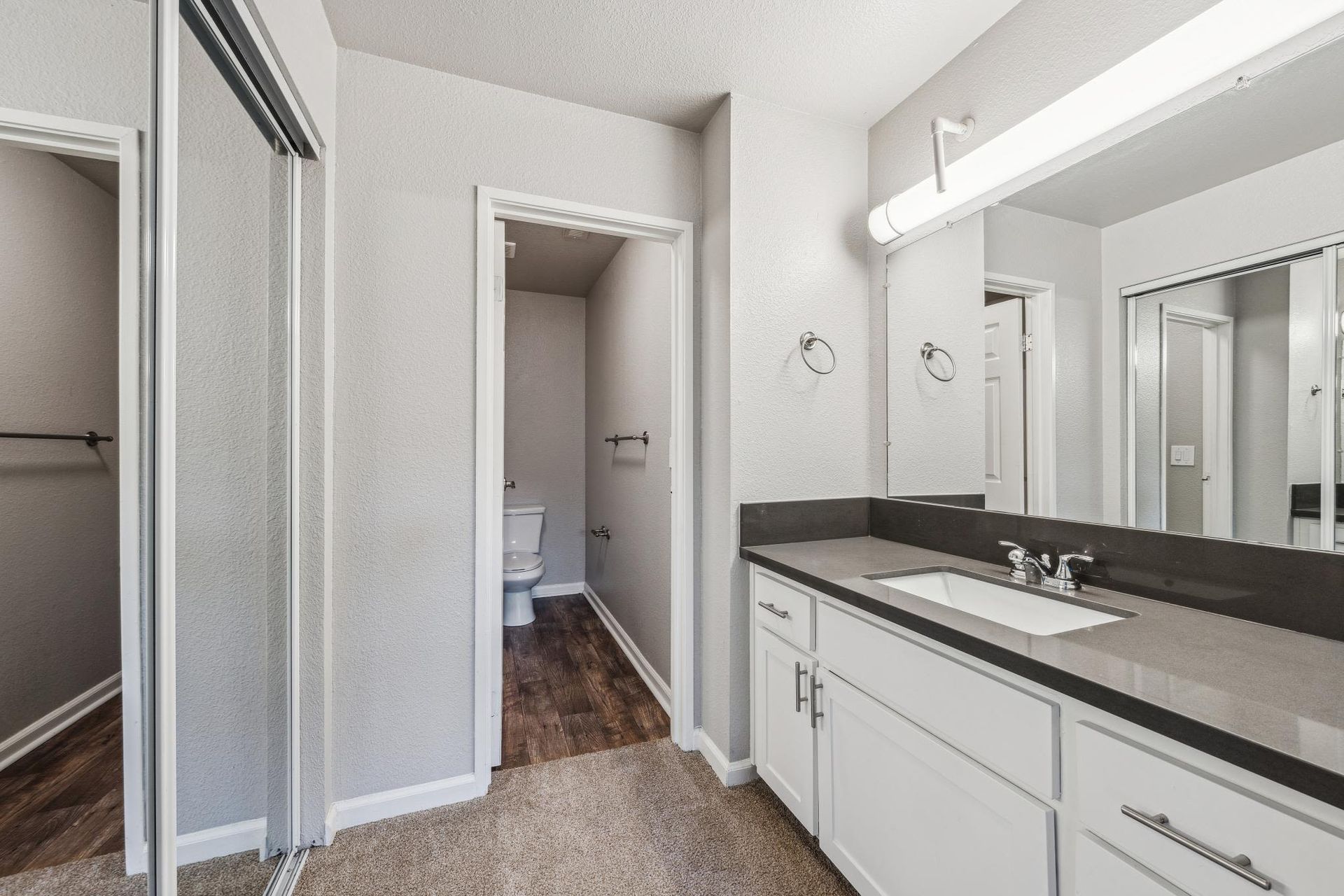 Bathroom vanity with sink and mirror; toilet room visible and closet with sliding mirrored doors at Sterling Heights apartments in Benicia, CA.