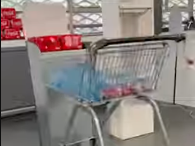 Shopping cart with blue bags in a store aisle near shelving and boxes