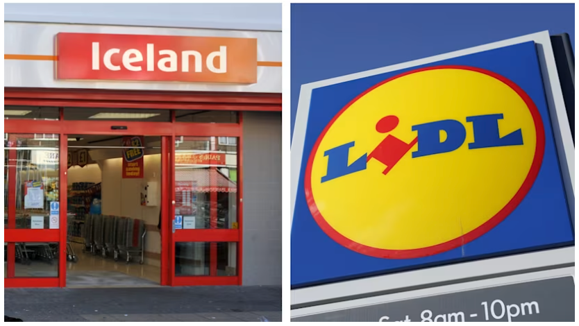 Storefronts of Iceland and Lidl side by side, with red and yellow signage.