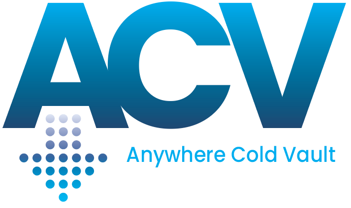 Anywhere Cold Vault logo with graded blue and a dotted arrow icon