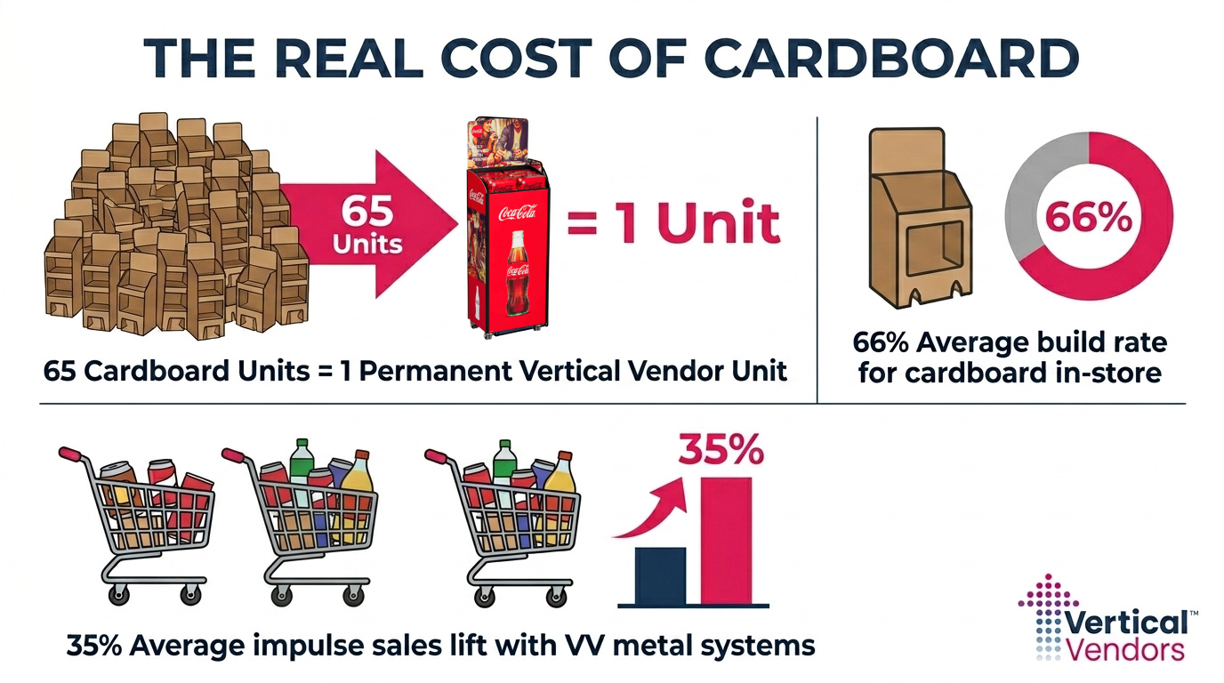Infographic comparing cardboard units to a red rack and shopping carts, highlighting higher cost and lower impulse sales.