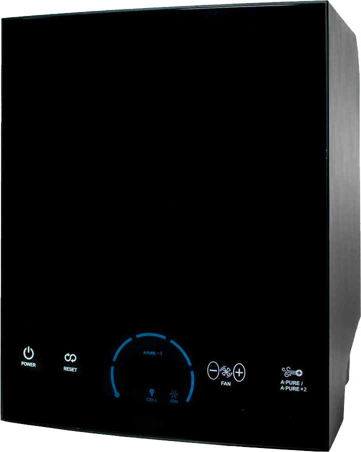 A black air purifier is sitting on a white surface.