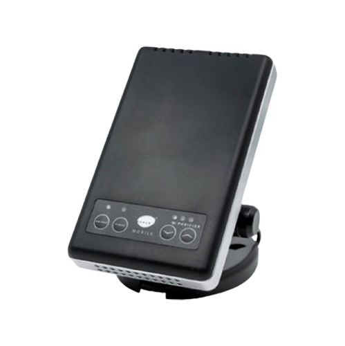 A black device with buttons on it is sitting on a stand
