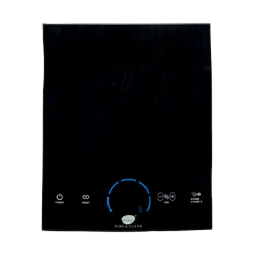 A black air purifier with a remote control on a white background.