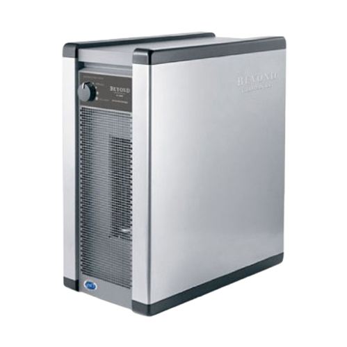 A stainless steel air purifier is sitting on a white surface.