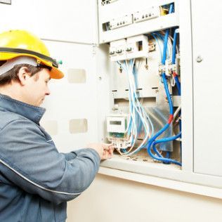 A man wearing a hard hat is working on an electrical box.
