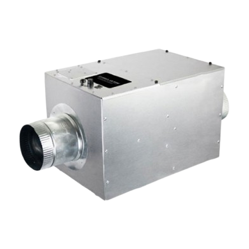 A silver box with a black hose attached to it on a white background.