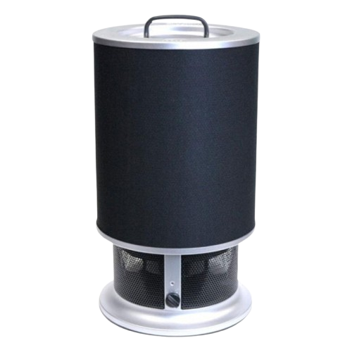 A black and silver speaker with a handle on top