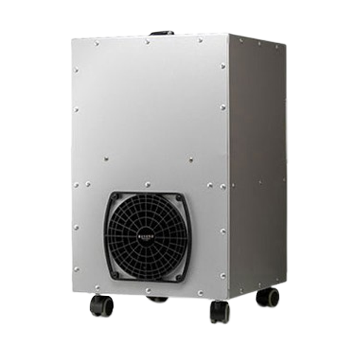 A portable air purifier with wheels and a fan on a white background.