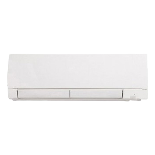 A white air conditioner is sitting on a white surface.