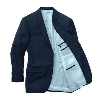 Navy blue suit blazer with light blue lining, shown open to reveal interior and pockets