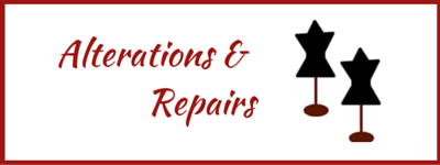 “Alterations & Repairs” sign with black sewing mannequin icons on a white background with a red border