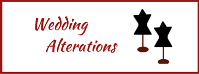 Wedding Alterations text with mannequin icons on a white background bordered in red
