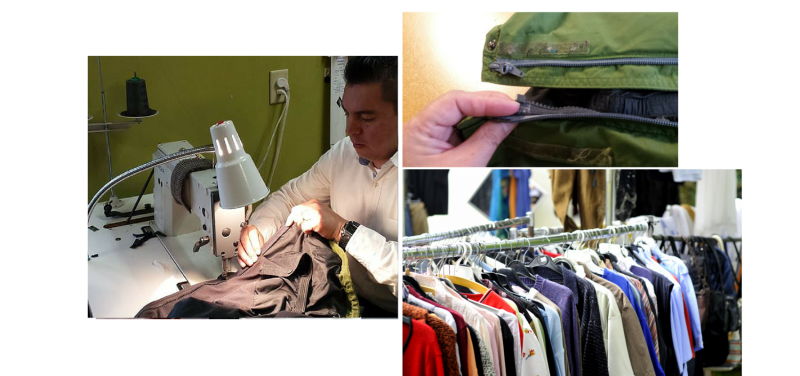 Three picture collage: Tailor sewing fabric while a zipper is repaired, with clothing racks in the background