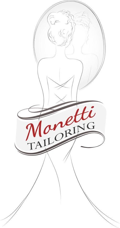 Monetti Tailoring logo with a sketched bridal gown, veil, and elegant script text on a white background