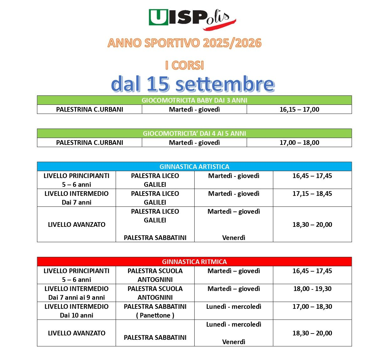 Prospetto corsi UISP